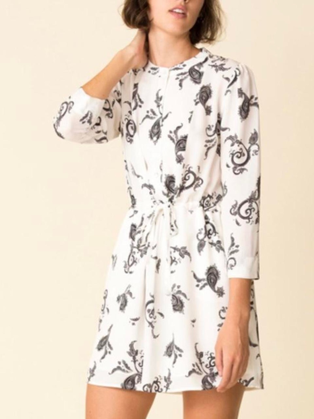 A.L.C. Silk 3/4 Sleeve Paisley Tie Waist Mini Dress‎ in White Black Size 12